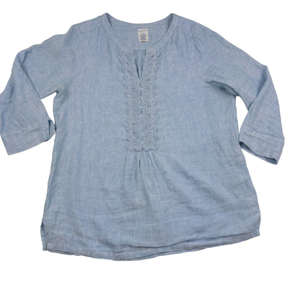 Lands' End Linen Light Blue Crochet Detail 3/4 Sleeve Tunic Women's Size 14